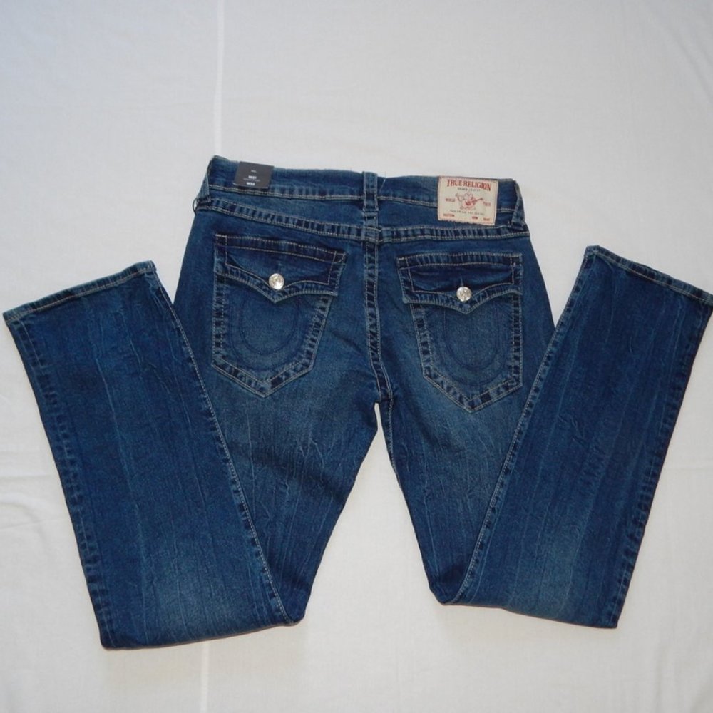 NWT! TRUE RELIGION Ricky Relaxed Straight SN Flap Crisp Indigo JEANS 34x33…